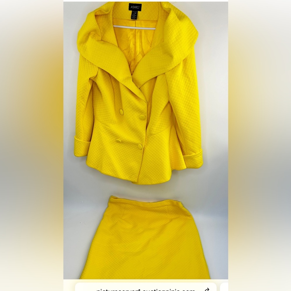 Ashro Yellow Textured Peplum Suit Jacket and Skirt